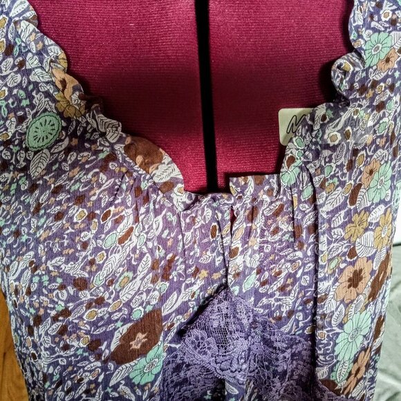 Bisou Bisou Sheer Boho Lace Accent Ruffle Neck Top - Picture 2 of 7